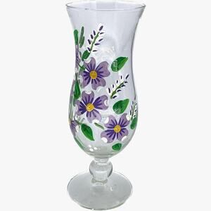 Hand Painted Flower Vase Clear Glass Bud Purple  8" Stem Elegant 2.5" Diameter